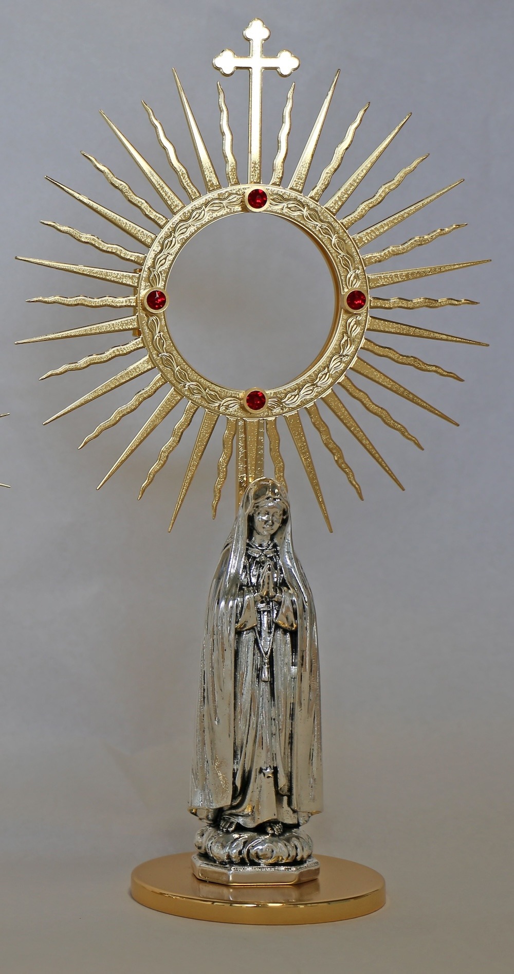 Raggiera, gambo con statuetta madonnina di Fatima in fibra H 33, teca int. D 7.2